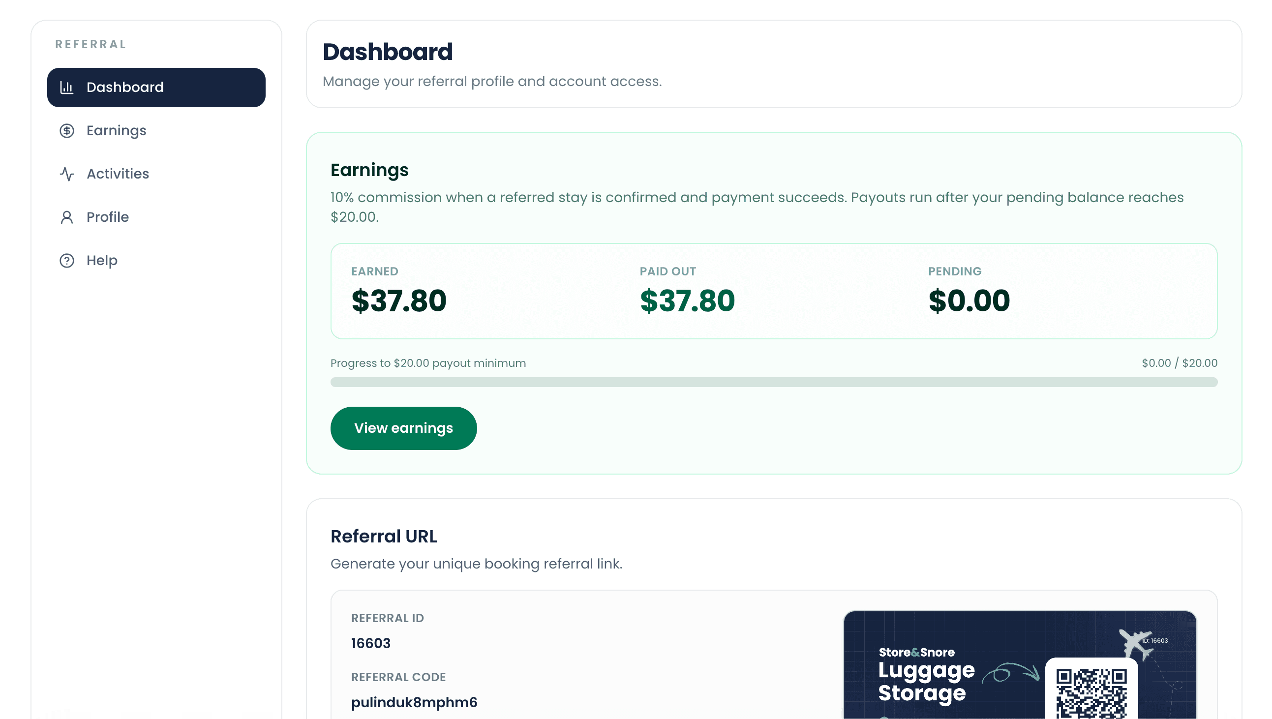 Store and Snore referral dashboard preview